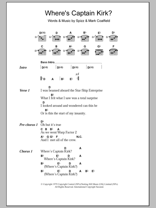 Spizz Energi Where's Captain Kirk? sheet music notes and chords. Download Printable PDF.