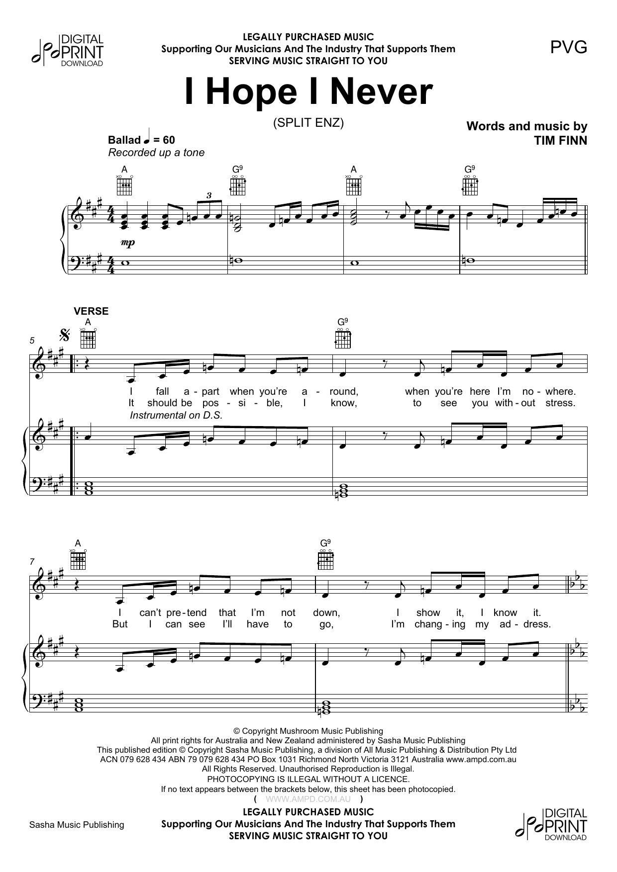 Split Enz I Hope I Never sheet music notes and chords. Download Printable PDF.