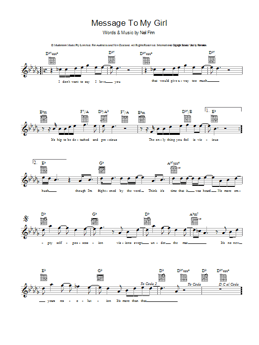 Learn to play Split Enz Message To My Girl sheet music for Guitar Tab in minutes. Price: 7.8900$ Split Enz Message To My Girl sheet music notes and chords arranged for Guitar Tab