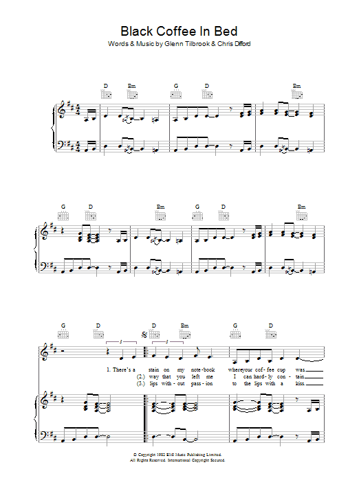 Learn to play Squeeze Black Coffee In Bed sheet music for Piano, Vocal & Guitar Chords in minutes. Price: 7.8900$ Squeeze Black Coffee In Bed sheet music notes and chords arranged for Piano, Vocal & Guitar Chords