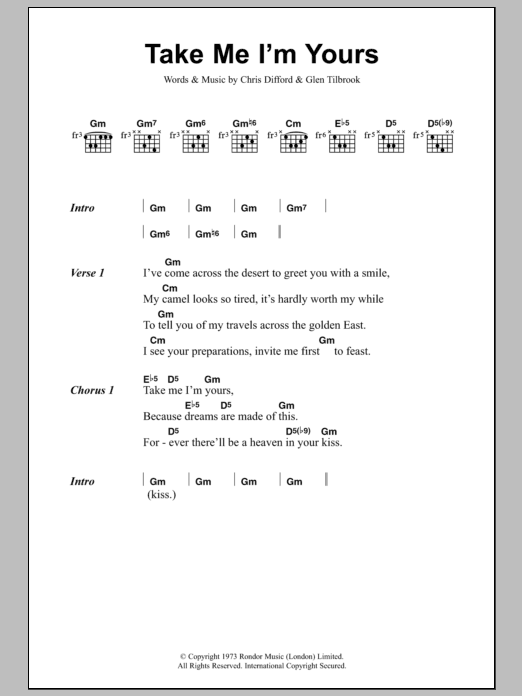 Squeeze Take Me I'm Yours sheet music notes and chords. Download Printable PDF.