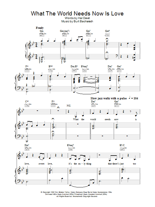 Learn to play Stacey Kent What The World Needs Now Is Love sheet music for Piano, Vocal & Guitar Chords in minutes. Price: 7.8900$ Stacey Kent What The World Needs Now Is Love sheet music notes and chords arranged for Piano, Vocal & Guitar Chords