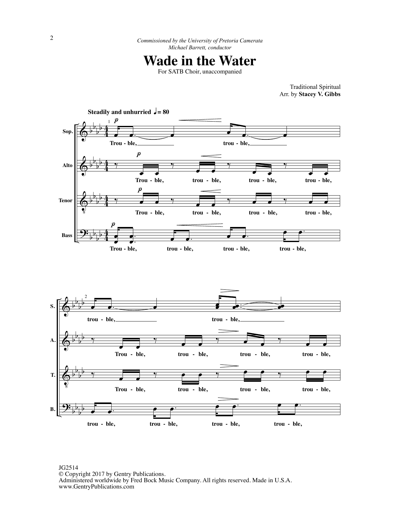 Learn to play Stacey V. Gibbs Wade in the Water sheet music for SATB Choir in minutes. Price: 3.9900$ Stacey V. Gibbs Wade in the Water sheet music notes and chords arranged for SATB Choir