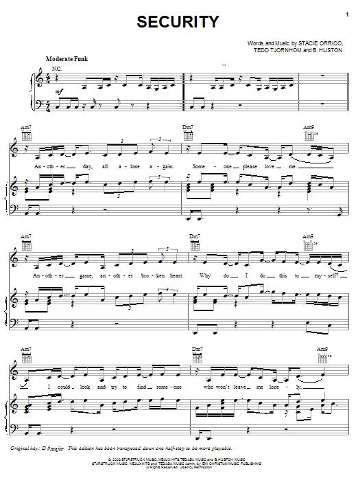 Learn to play Stacie Orrico Security sheet music for Piano, Vocal & Guitar Chords (Right-Hand Melody) in minutes. Price: 7.8900$ Stacie Orrico Security sheet music notes and chords arranged for Piano, Vocal & Guitar Chords (Right-Hand Melody)