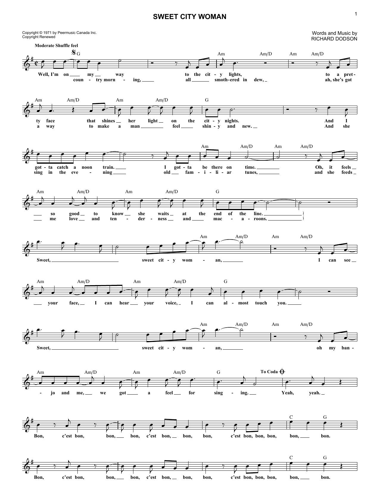 Stampeders Sweet City Woman sheet music notes and chords. Download Printable PDF.