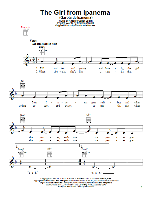 Learn to play Stan Getz & Astrud Gilberto The Girl From Ipanema (Garôta De Ipanema) sheet music for Ukulele in minutes. Price: 5.9900$ Stan Getz & Astrud Gilberto The Girl From Ipanema (Garôta De Ipanema) sheet music notes and chords arranged for Ukulele