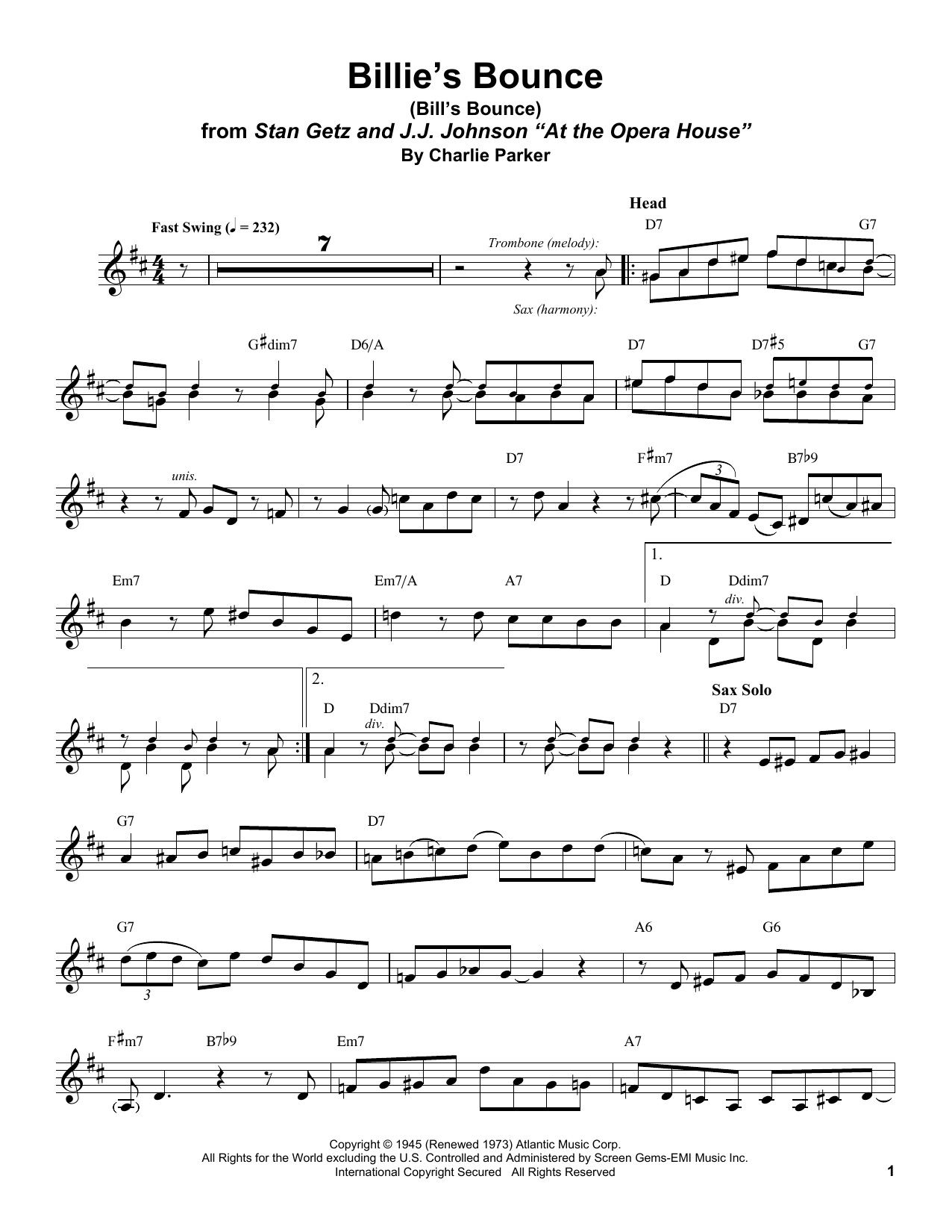 Learn to play Stan Getz Billie's Bounce (Bill's Bounce) sheet music for Alto Sax Transcription in minutes. Price: 6.9900$ Stan Getz Billie's Bounce (Bill's Bounce) sheet music notes and chords arranged for Alto Sax Transcription