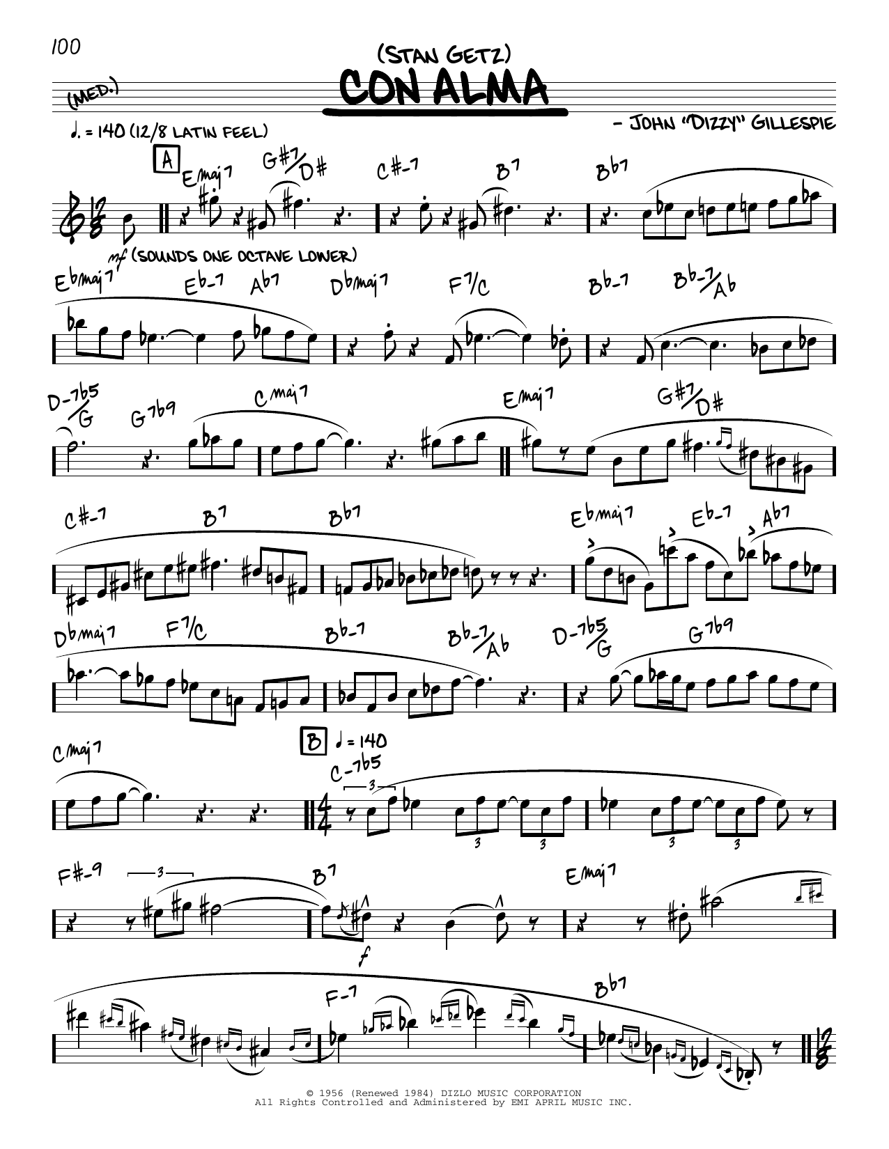 Stan Getz Con Alma (solo only) sheet music notes and chords. Download Printable PDF.