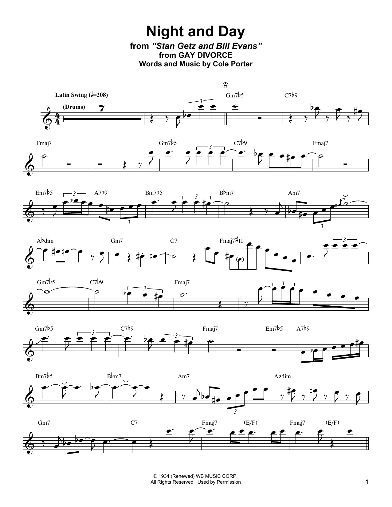 Stan Getz Night And Day sheet music notes and chords. Download Printable PDF.