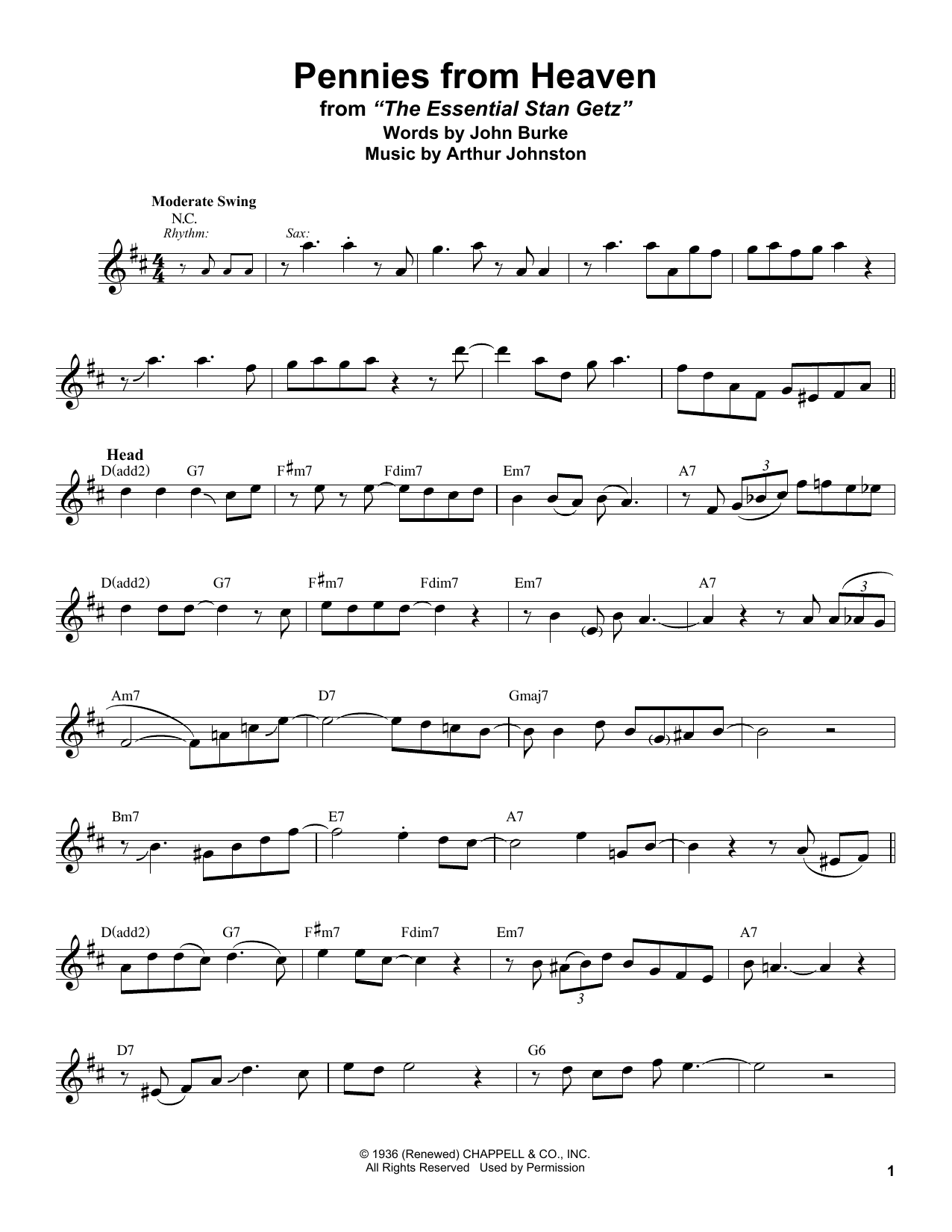 Stan Getz Pennies From Heaven sheet music notes and chords. Download Printable PDF.