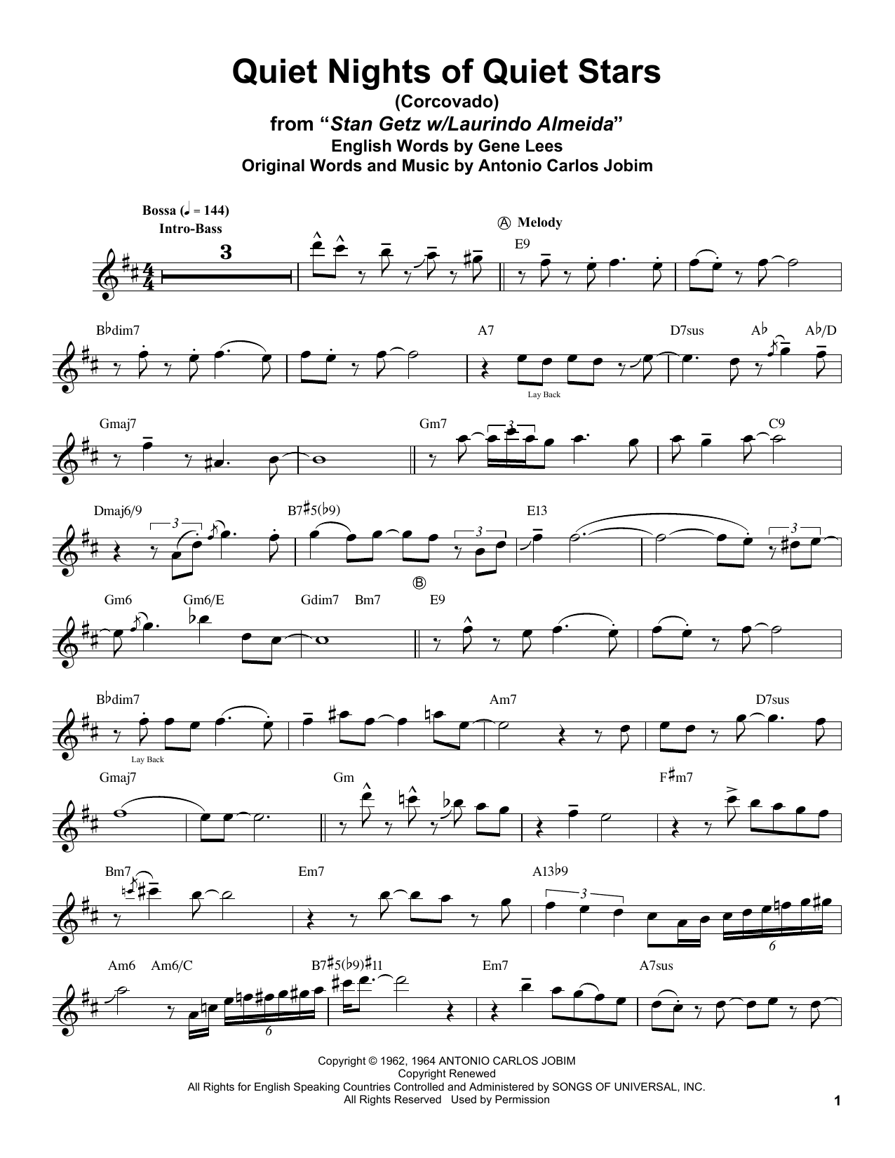 Learn to play Stan Getz Quiet Nights Of Quiet Stars (Corcovado) sheet music for Tenor Sax Transcription in minutes. Price: 6.9900$ Stan Getz Quiet Nights Of Quiet Stars (Corcovado) sheet music notes and chords arranged for Tenor Sax Transcription