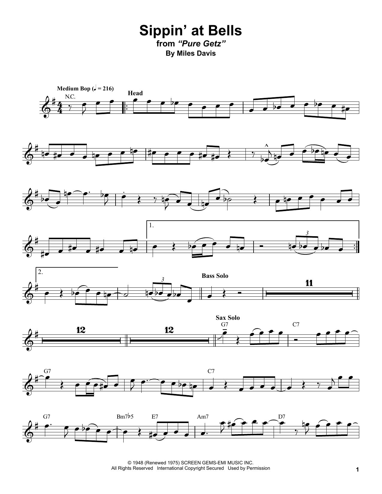 Learn to play Stan Getz Sippin' At Bells sheet music for Tenor Sax Transcription in minutes. Price: 6.9900$ Stan Getz Sippin' At Bells sheet music notes and chords arranged for Tenor Sax Transcription