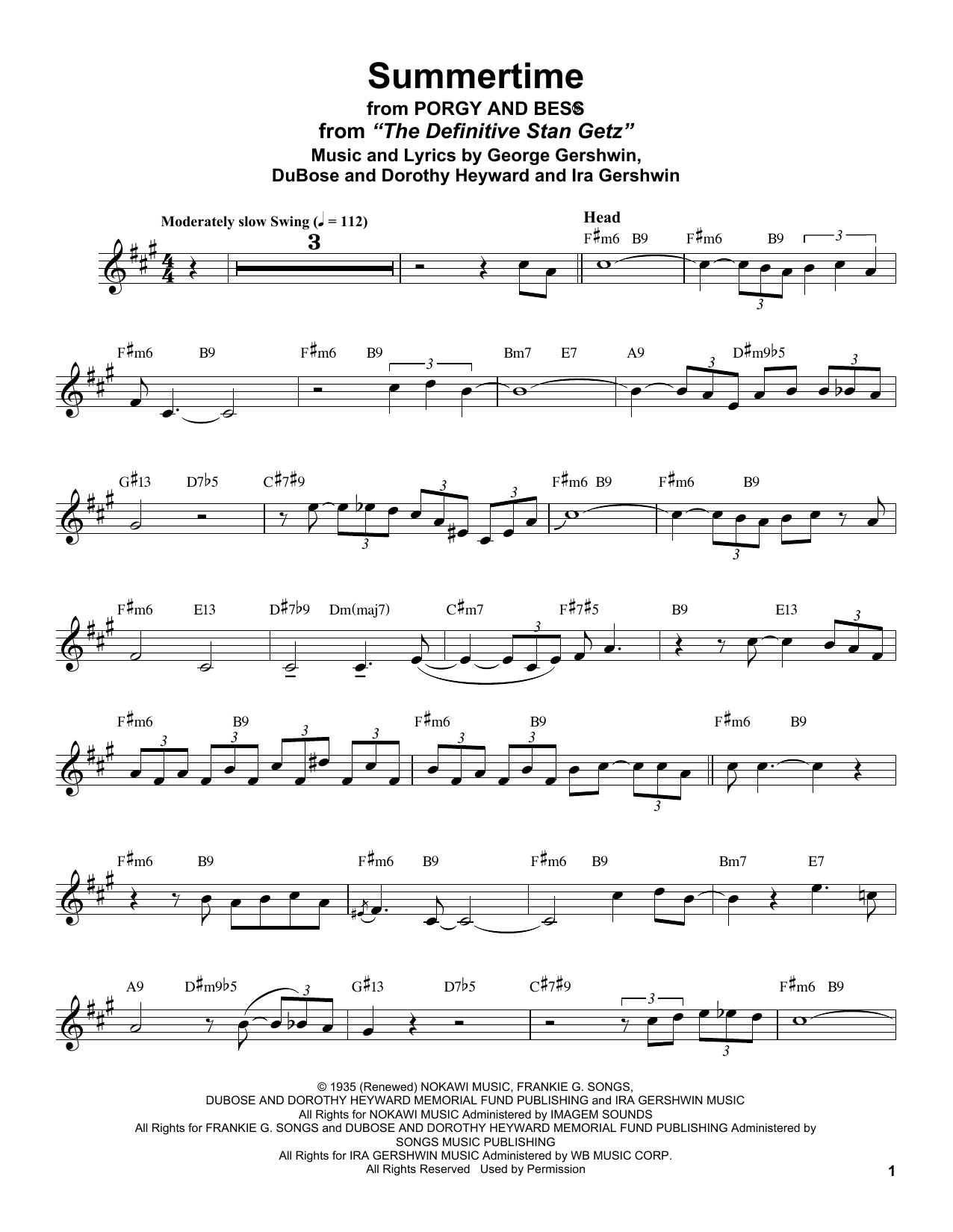 Stan Getz Summertime (from Porgy and Bess) sheet music notes and chords. Download Printable PDF.