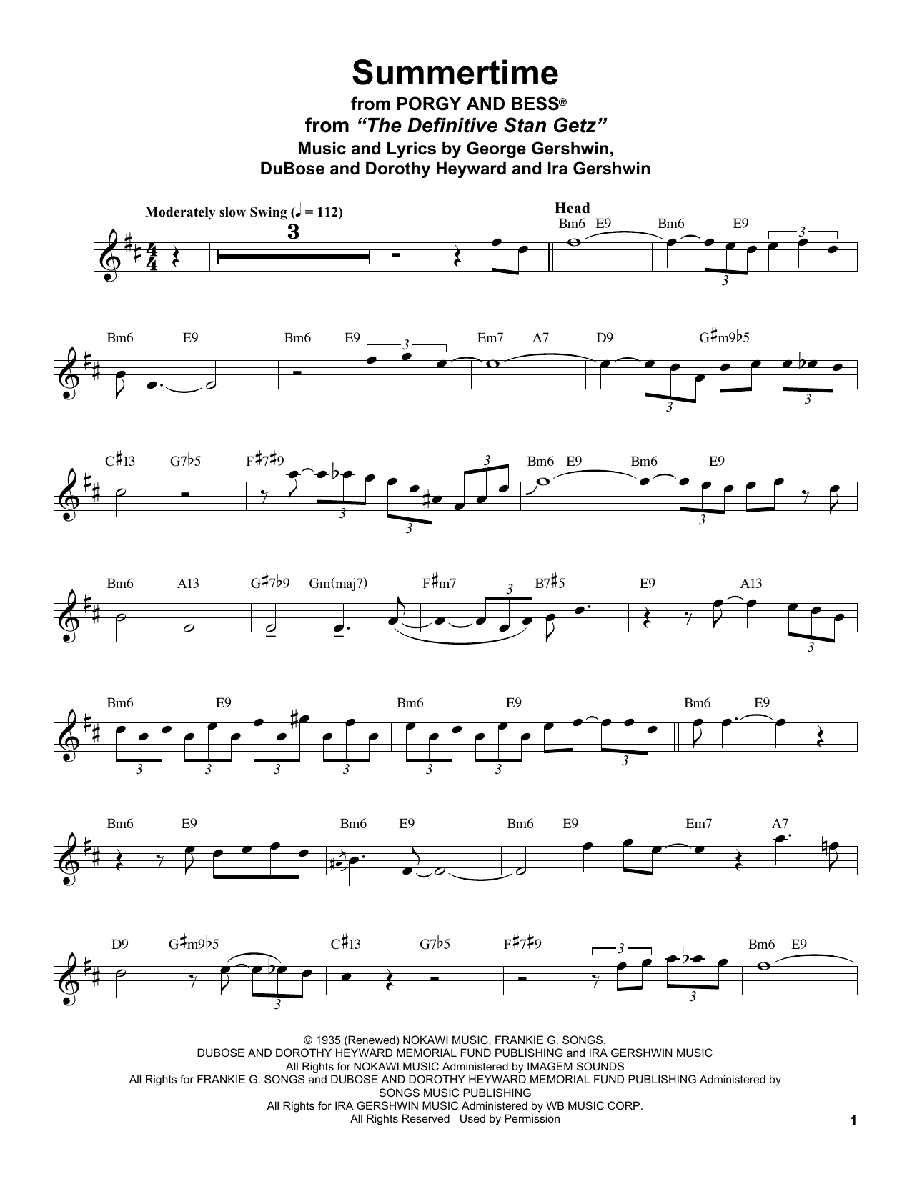 Stan Getz Summertime sheet music notes and chords. Download Printable PDF.