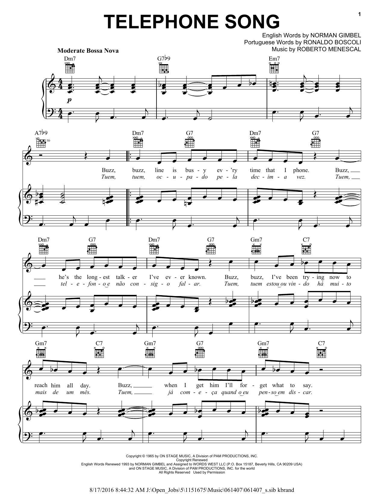 Norman Gimbel Telephone Song sheet music notes and chords. Download Printable PDF.