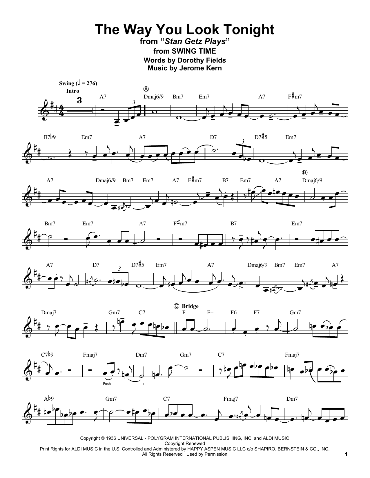 Stan Getz The Way You Look Tonight (from Swing Time) sheet music notes and chords. Download Printable PDF.