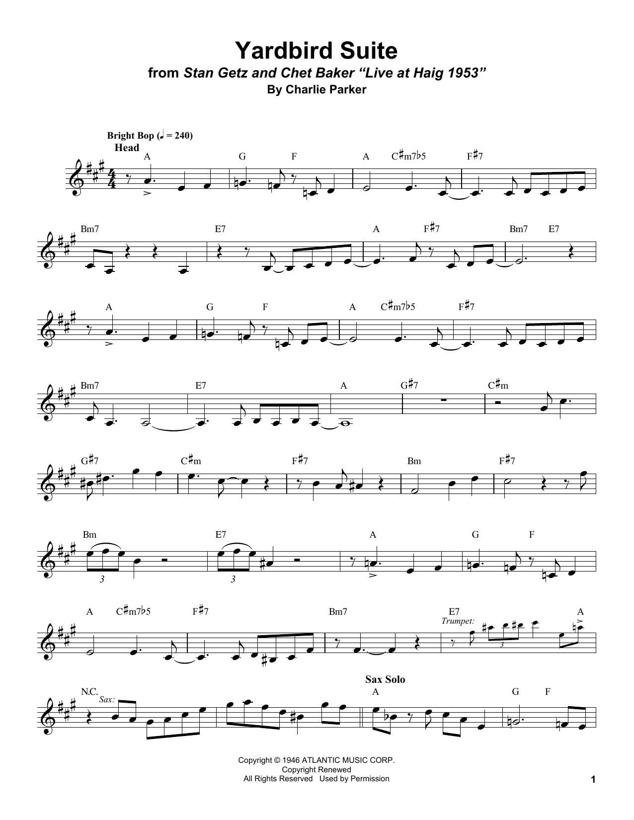 Stan Getz Yardbird Suite sheet music notes and chords. Download Printable PDF.