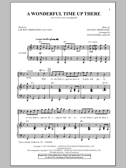 Learn to play Pat Boone A Wonderful Time Up There (Everybody's Gonna Have A Wonderful Time Up There) (arr. Stan Pethel) sheet music for SATB Choir in minutes. Price: 3.9900$ Pat Boone A Wonderful Time Up There (Everybody's Gonna Have A Wonderful Time Up There) (arr. Stan Pethel) sheet music notes and chords arranged for SATB Choir