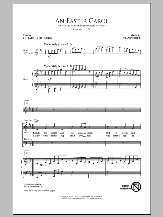 Learn to play Stan Pethel An Easter Carol sheet music for SAB Choir in minutes. Price: 3.9900$ Stan Pethel An Easter Carol sheet music notes and chords arranged for SAB Choir