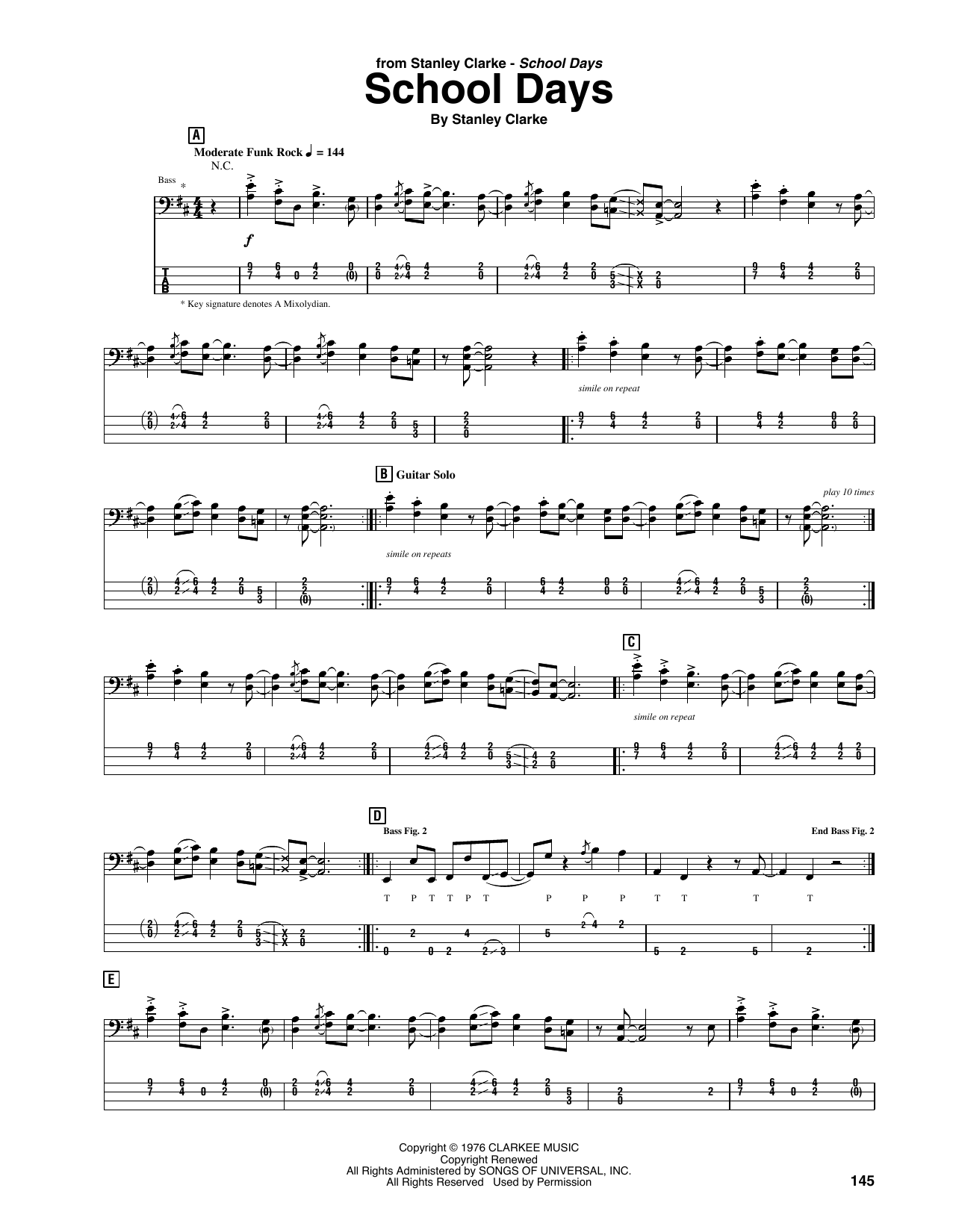 Stanley Clarke School Days sheet music notes and chords. Download Printable PDF.