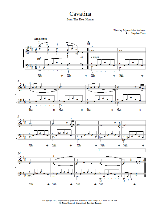 Stanley Myers Cavatina (from The Deer Hunter) sheet music notes and chords. Download Printable PDF.