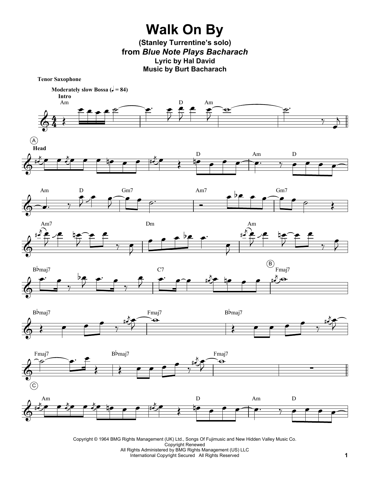 Stanley Turrentine Walk On By sheet music notes and chords. Download Printable PDF.