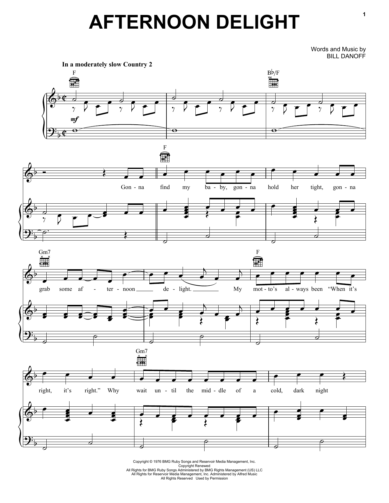 Starland Vocal Band Afternoon Delight sheet music notes and chords. Download Printable PDF.