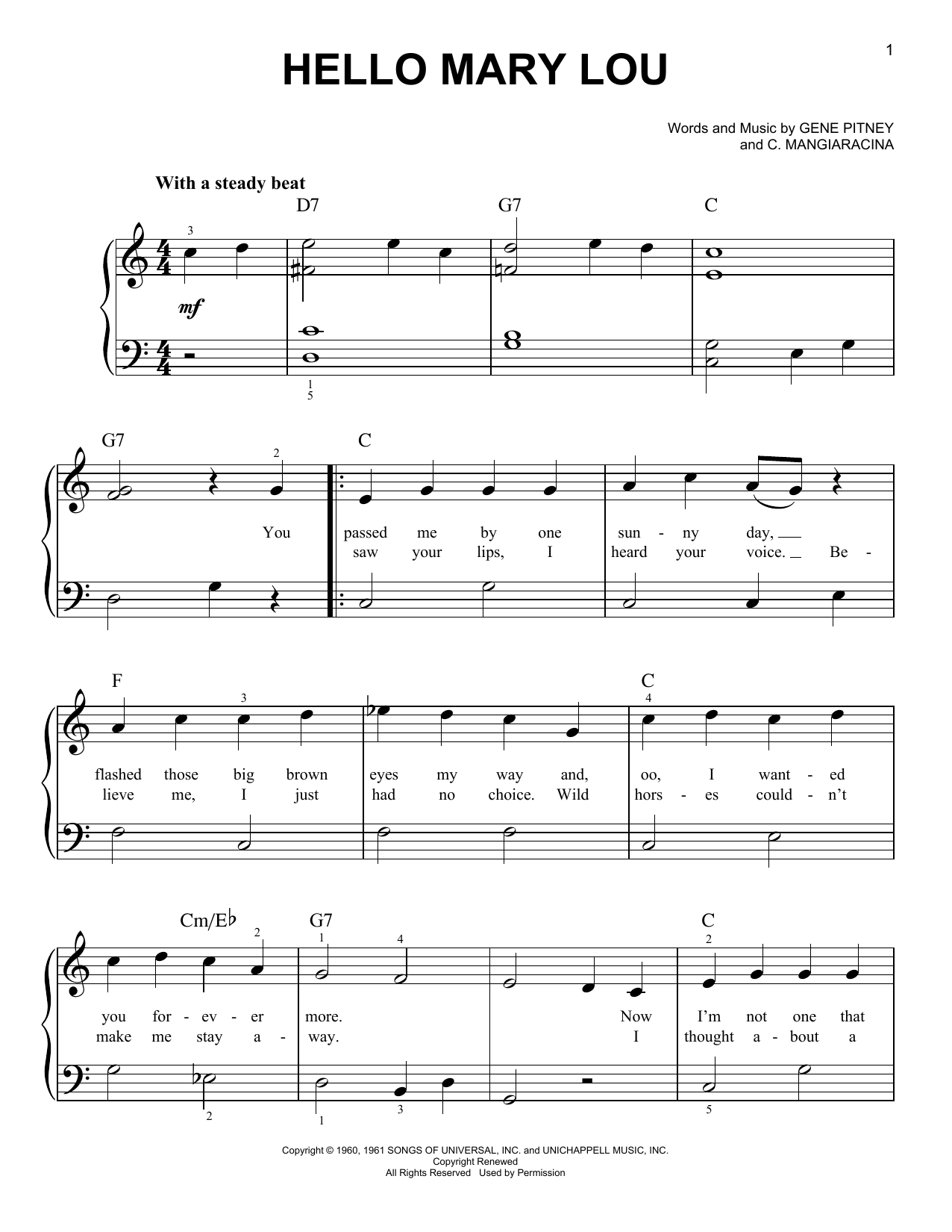 The Statler Brothers Hello Mary Lou sheet music notes and chords arranged for Easy Piano