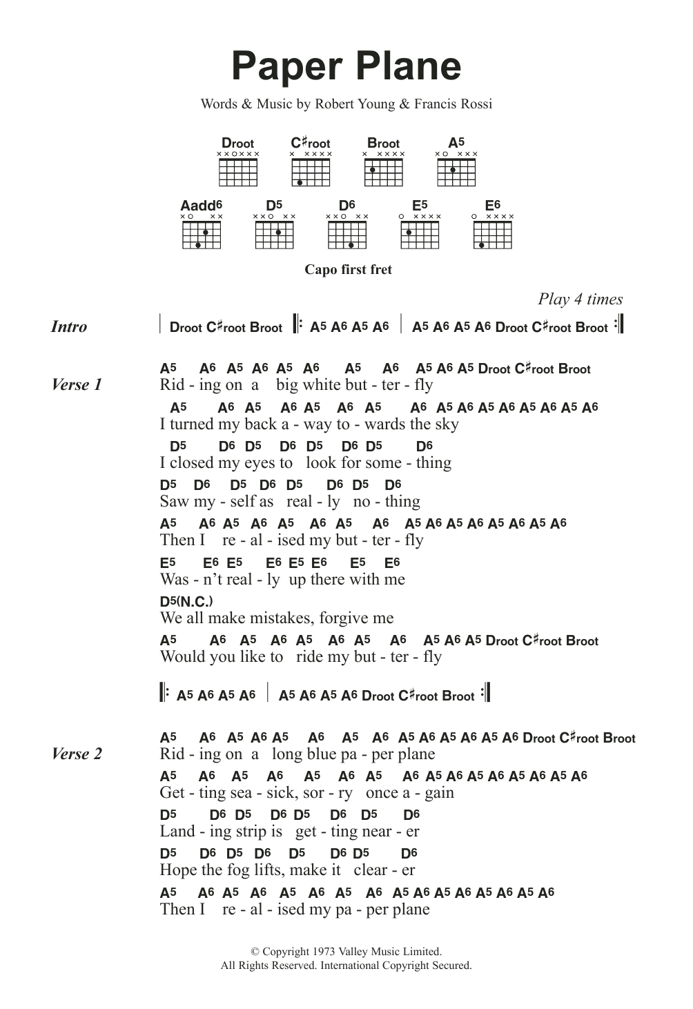 Status Quo Paper Plane sheet music notes and chords. Download Printable PDF.