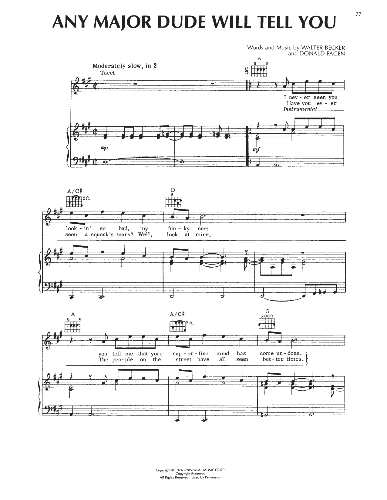 Steely Dan Any Major Dude Will Tell You sheet music notes and chords. Download Printable PDF.