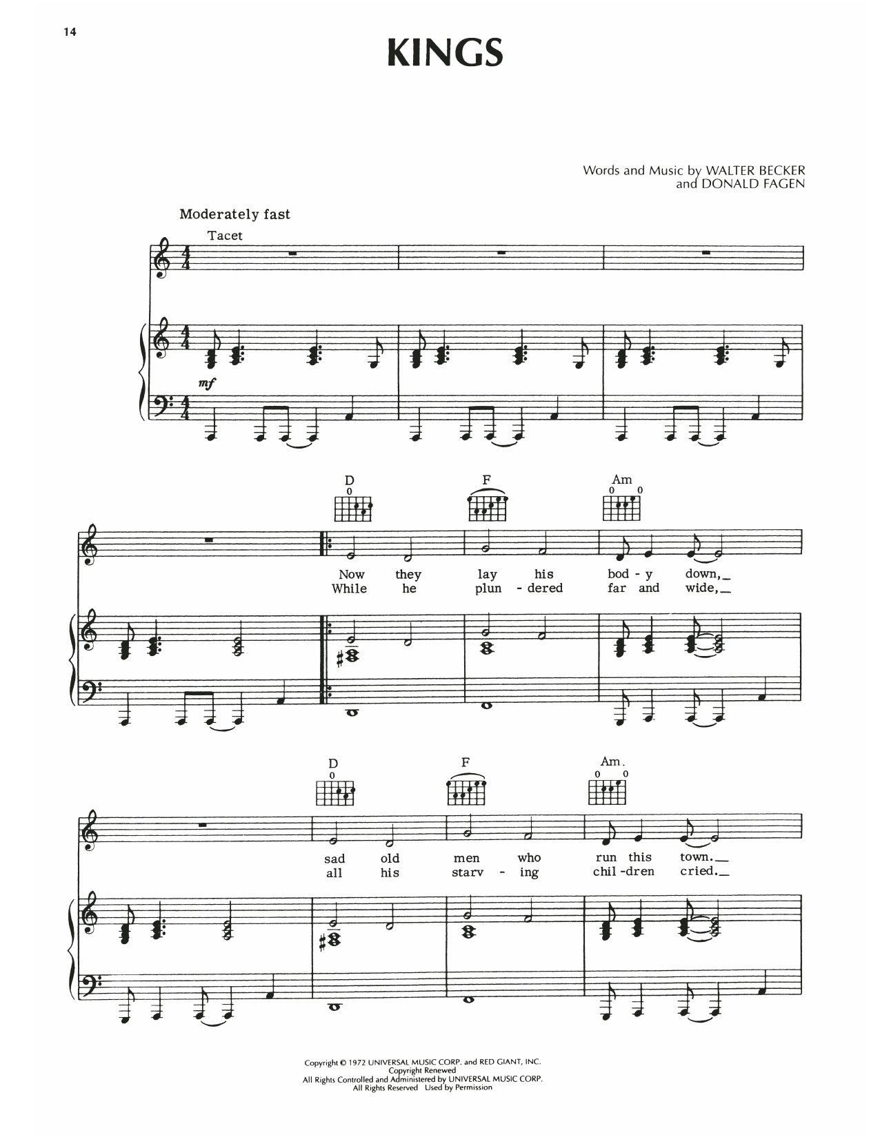 Learn to play Steely Dan Kings sheet music for Piano, Vocal & Guitar Chords (Right-Hand Melody) in minutes. Price: 6.9900$ Steely Dan Kings sheet music notes and chords arranged for Piano, Vocal & Guitar Chords (Right-Hand Melody)