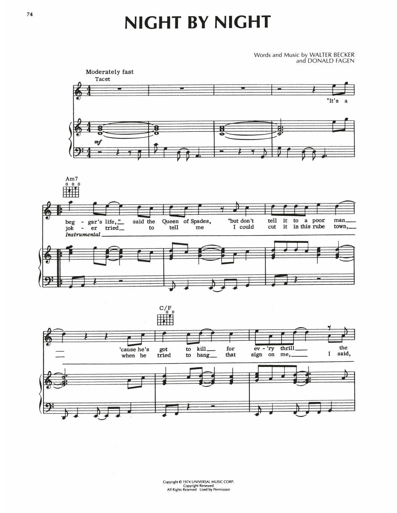 Learn to play Steely Dan Night By Night sheet music for Piano, Vocal & Guitar Chords (Right-Hand Melody) in minutes. Price: 6.9900$ Steely Dan Night By Night sheet music notes and chords arranged for Piano, Vocal & Guitar Chords (Right-Hand Melody)