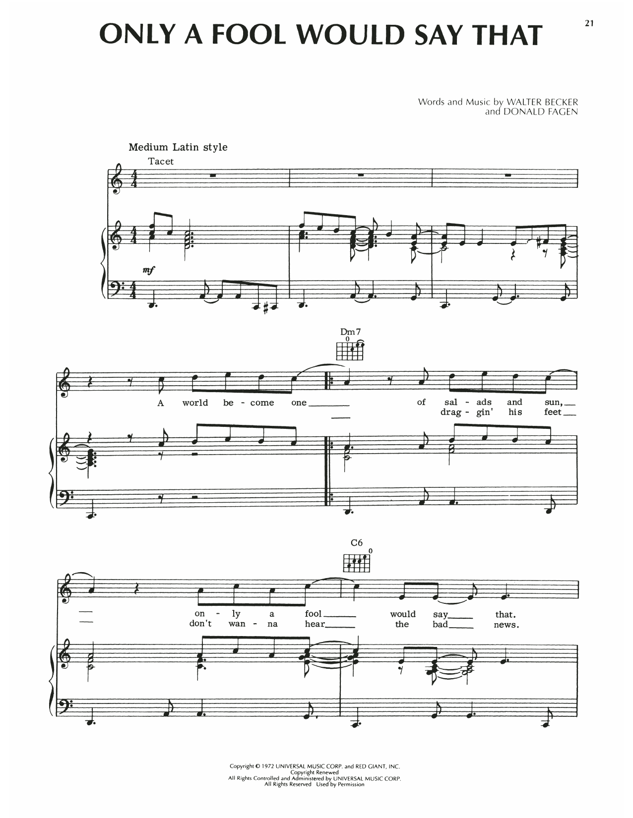 Steely Dan Only A Fool Would Say That sheet music notes and chords. Download Printable PDF.