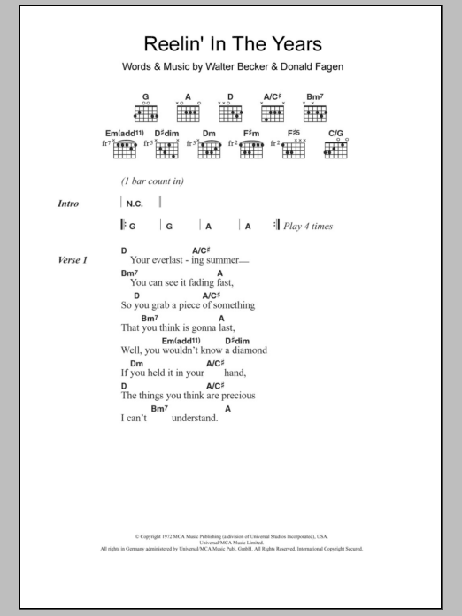 Steely Dan Reelin' In The Years sheet music notes and chords arranged for Guitar Chords/Lyrics