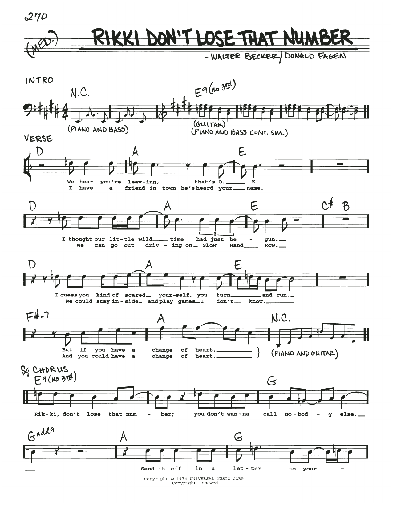 Steely Dan Rikki Don't Lose That Number sheet music notes and chords. Download Printable PDF.