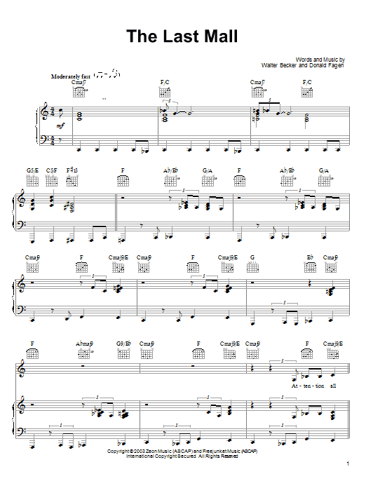 Learn to play Steely Dan The Last Mall sheet music for Piano, Vocal & Guitar Chords (Right-Hand Melody) in minutes. Price: 7.8900$ Steely Dan The Last Mall sheet music notes and chords arranged for Piano, Vocal & Guitar Chords (Right-Hand Melody)