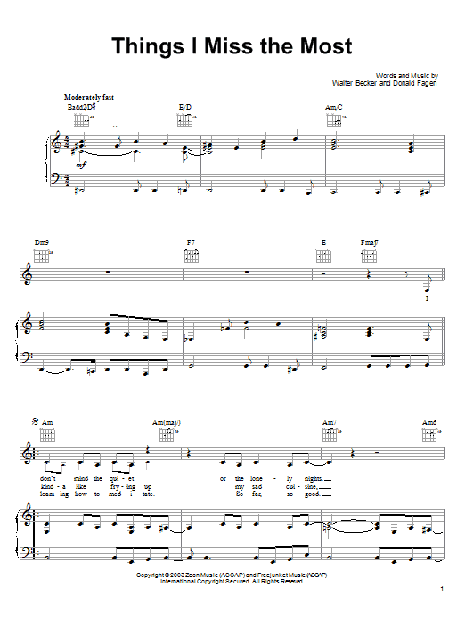 Steely Dan Things I Miss The Most sheet music notes and chords arranged for Piano, Vocal & Guitar Chords (Right-Hand Melody)