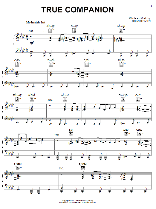 Donald Fagen True Companion sheet music notes and chords arranged for Piano, Vocal & Guitar Chords (Right-Hand Melody)