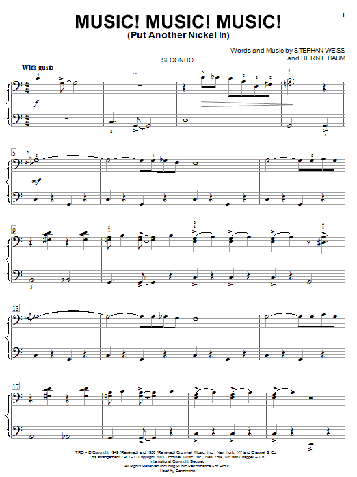 Learn to play Stephan Weiss Music! Music! Music! (Put Another Nickel In) sheet music for Piano Duet in minutes. Price: 7.8900$ Stephan Weiss Music! Music! Music! (Put Another Nickel In) sheet music notes and chords arranged for Piano Duet