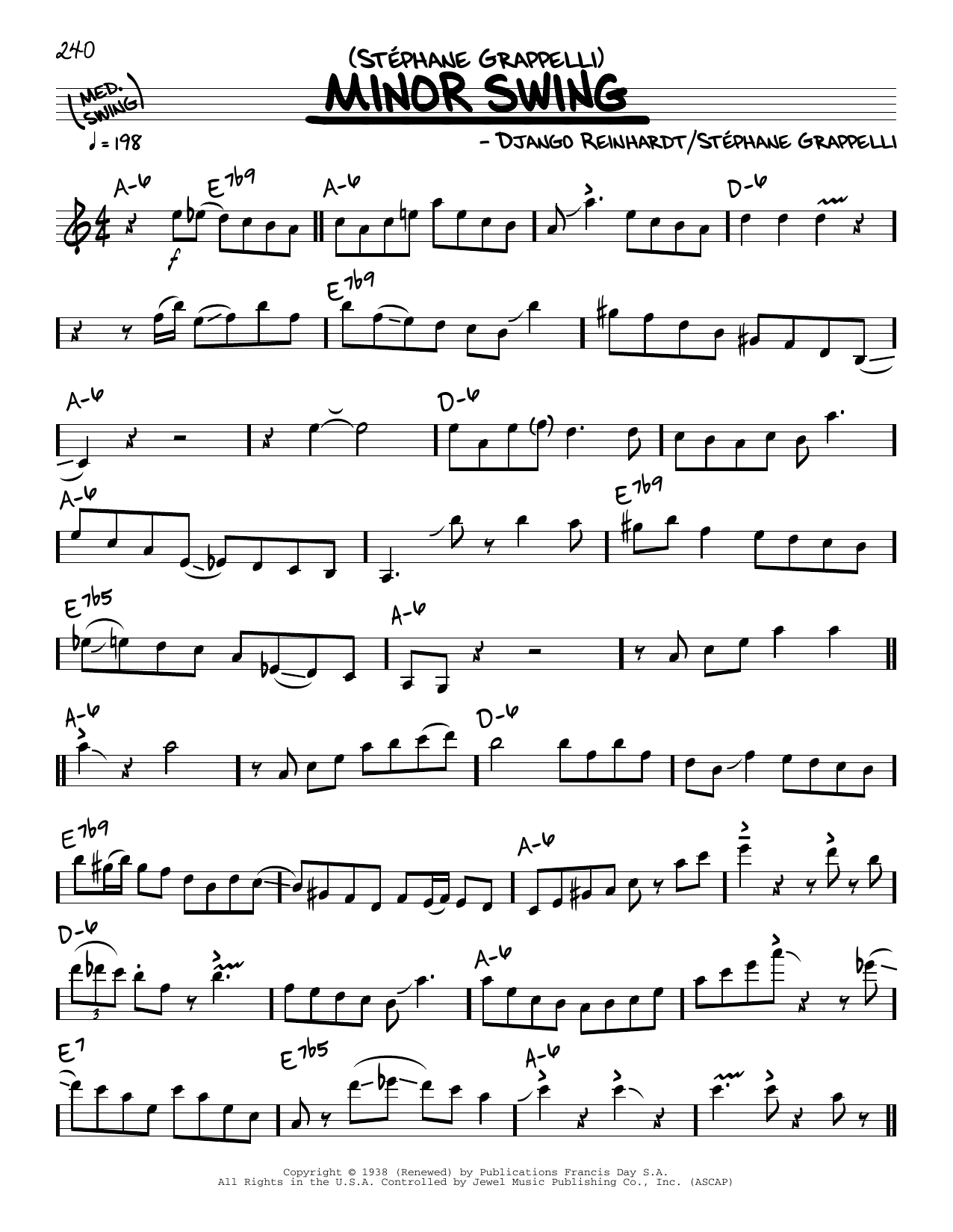 Stephane Grappelli Minor Swing (solo only) sheet music notes and chords. Download Printable PDF.