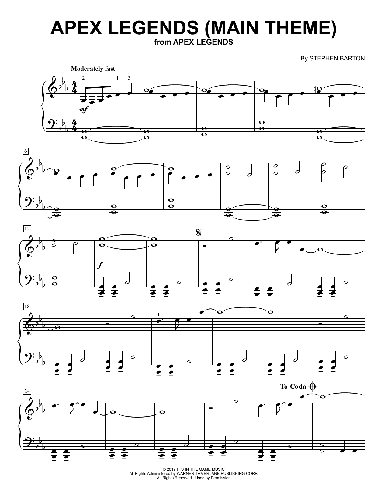 Stephen Barton Apex Legends (Main Theme) sheet music notes and chords arranged for Easy Piano Solo
