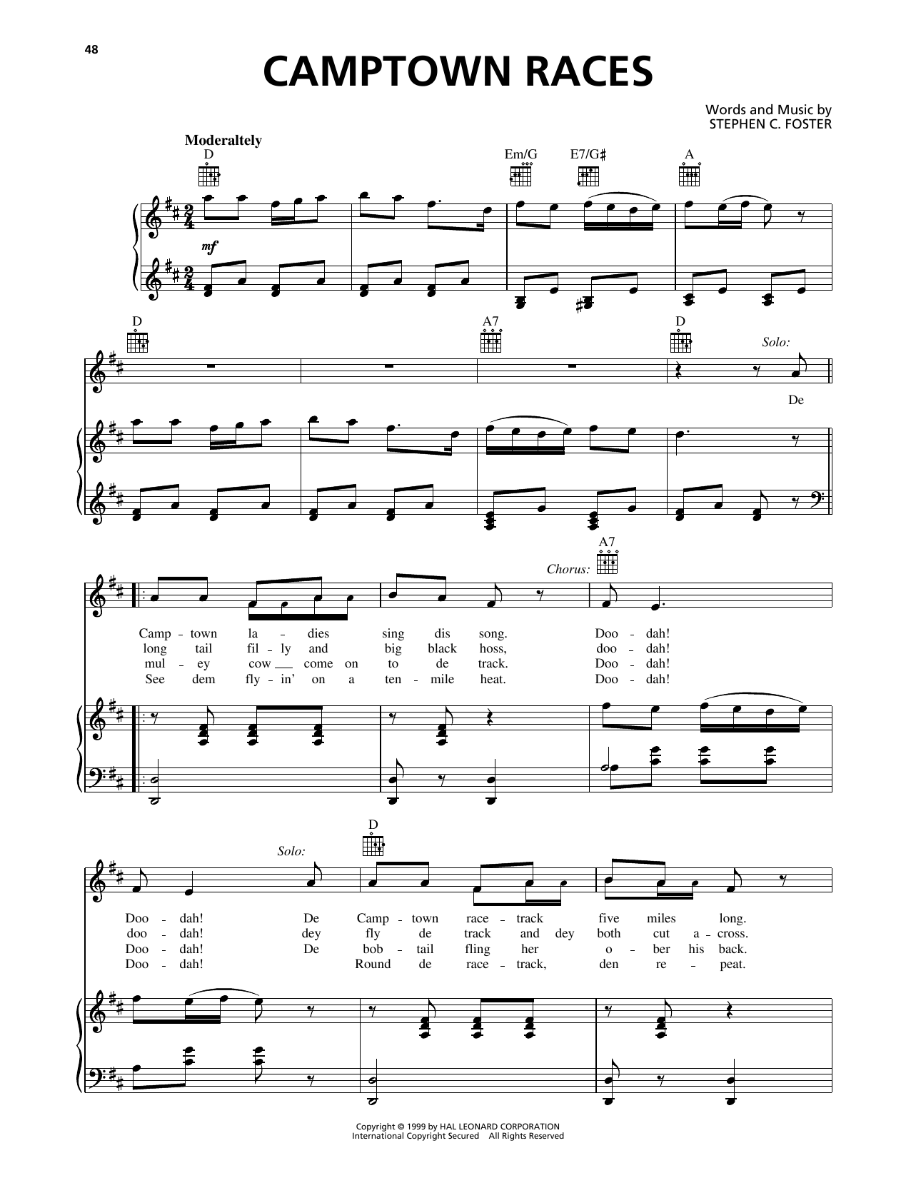 Stephen C. Foster Camptown Races sheet music notes and chords arranged for Piano, Vocal & Guitar Chords (Right-Hand Melody)