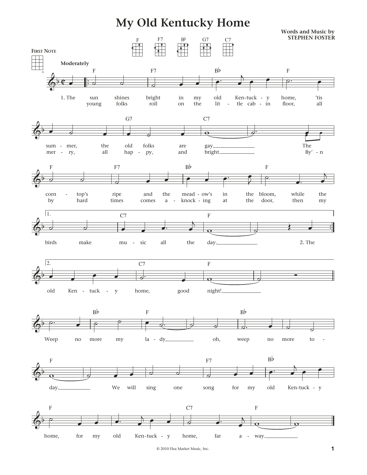 Learn to play Stephen C. Foster My Old Kentucky Home (from The Daily Ukulele) (arr. Liz and Jim Beloff) sheet music for Ukulele in minutes. Price: 5.9900$ Stephen C. Foster My Old Kentucky Home (from The Daily Ukulele) (arr. Liz and Jim Beloff) sheet music notes and chords arranged for Ukulele