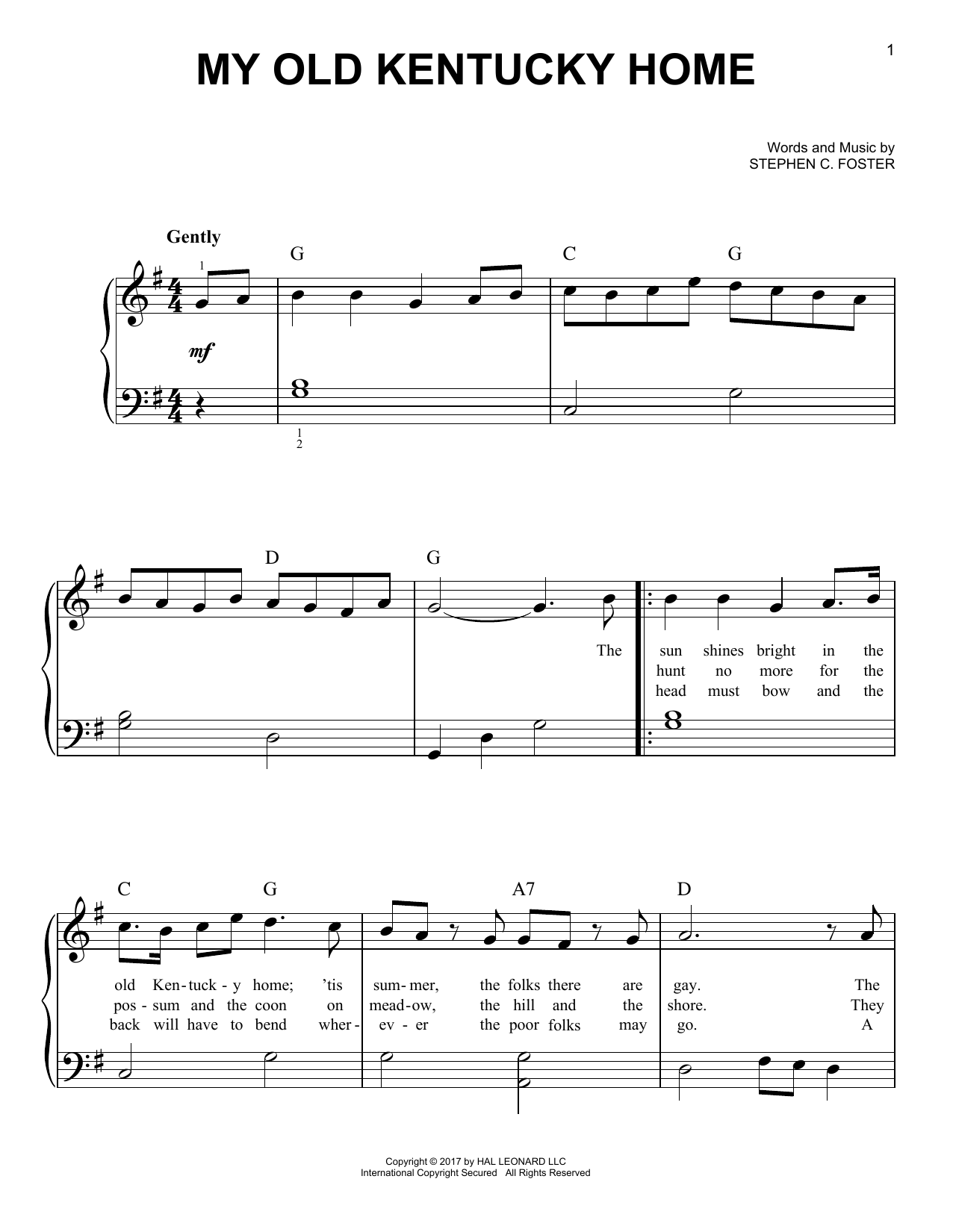 Stephen C. Foster My Old Kentucky Home sheet music notes and chords. Download Printable PDF.