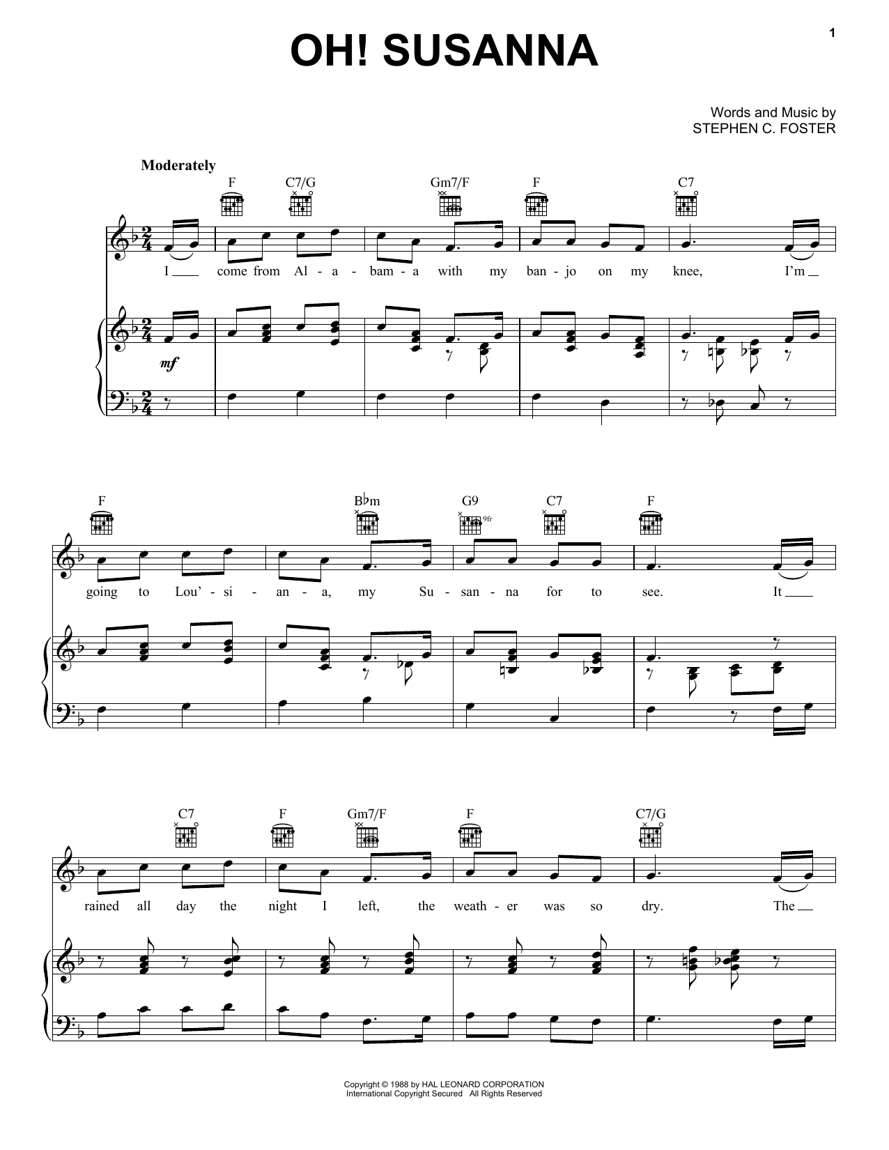 Stephen C. Foster Oh! Susanna sheet music notes and chords. Download Printable PDF.