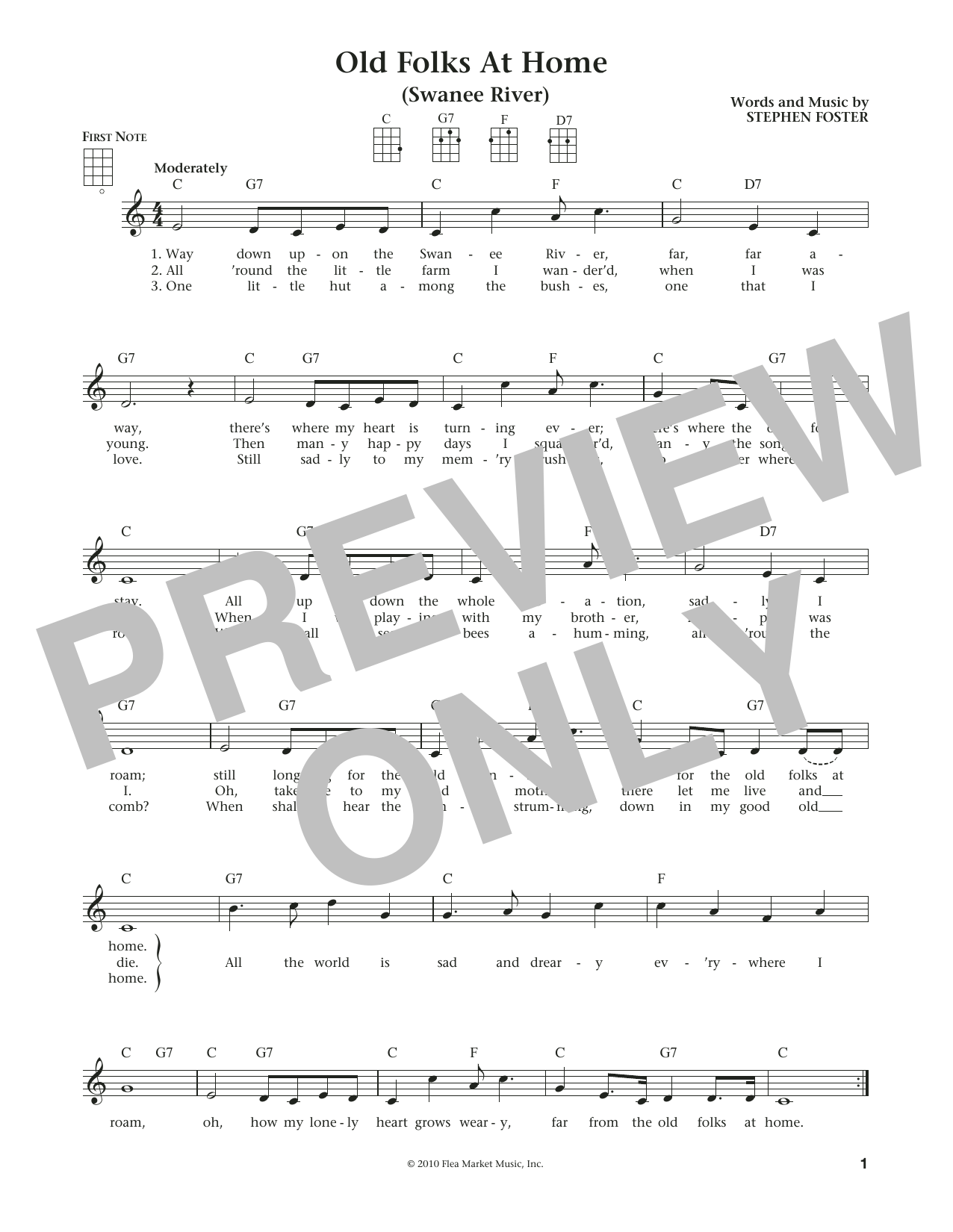 Learn to play Stephen C. Foster Old Folks At Home (Swanee River) (from The Daily Ukulele) (arr. Liz and Jim Beloff) sheet music for Ukulele in minutes. Price: 5.9900$ Stephen C. Foster Old Folks At Home (Swanee River) (from The Daily Ukulele) (arr. Liz and Jim Beloff) sheet music notes and chords arranged for Ukulele