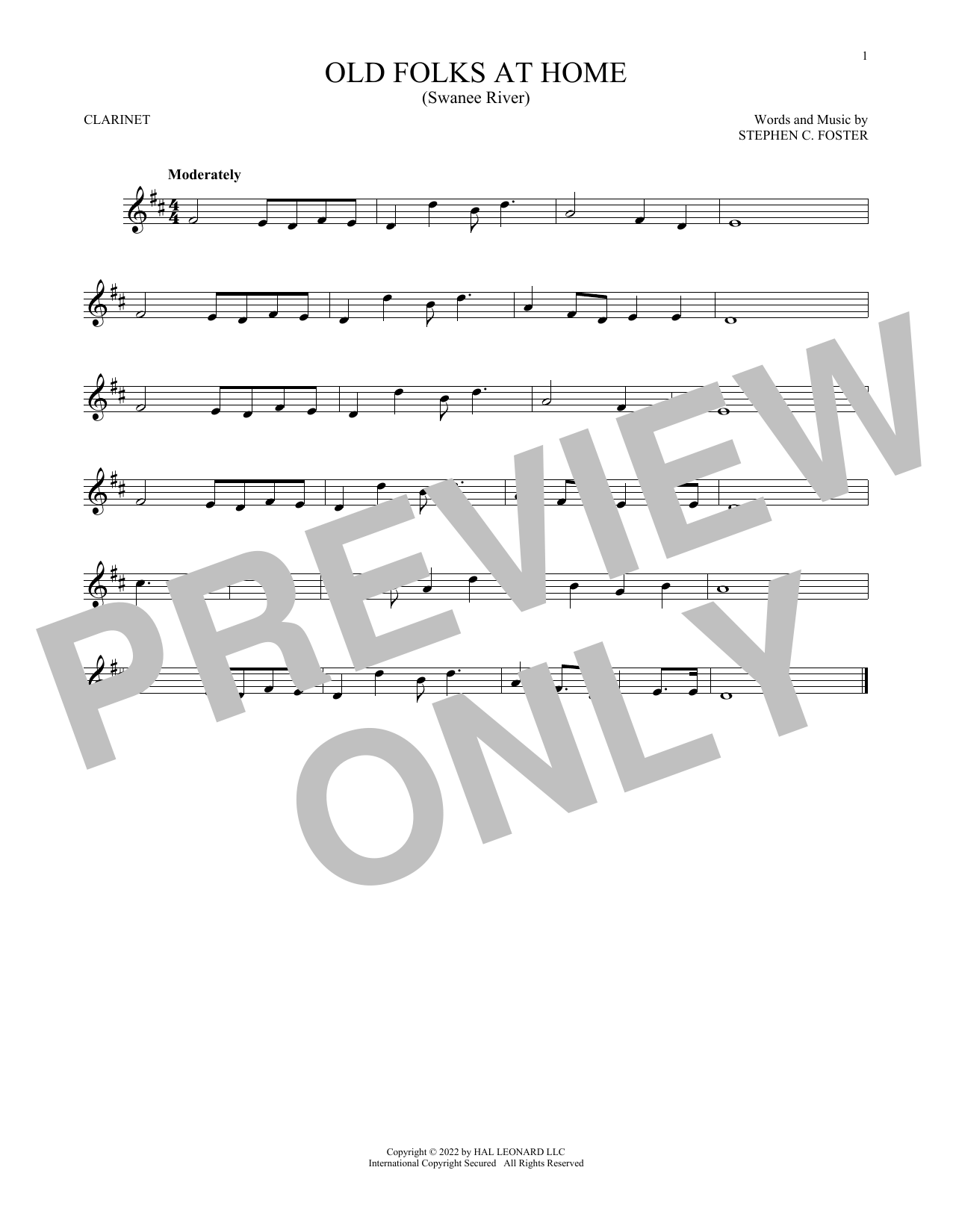 Stephen C. Foster Old Folks At Home (Swanee River) sheet music notes and chords. Download Printable PDF.