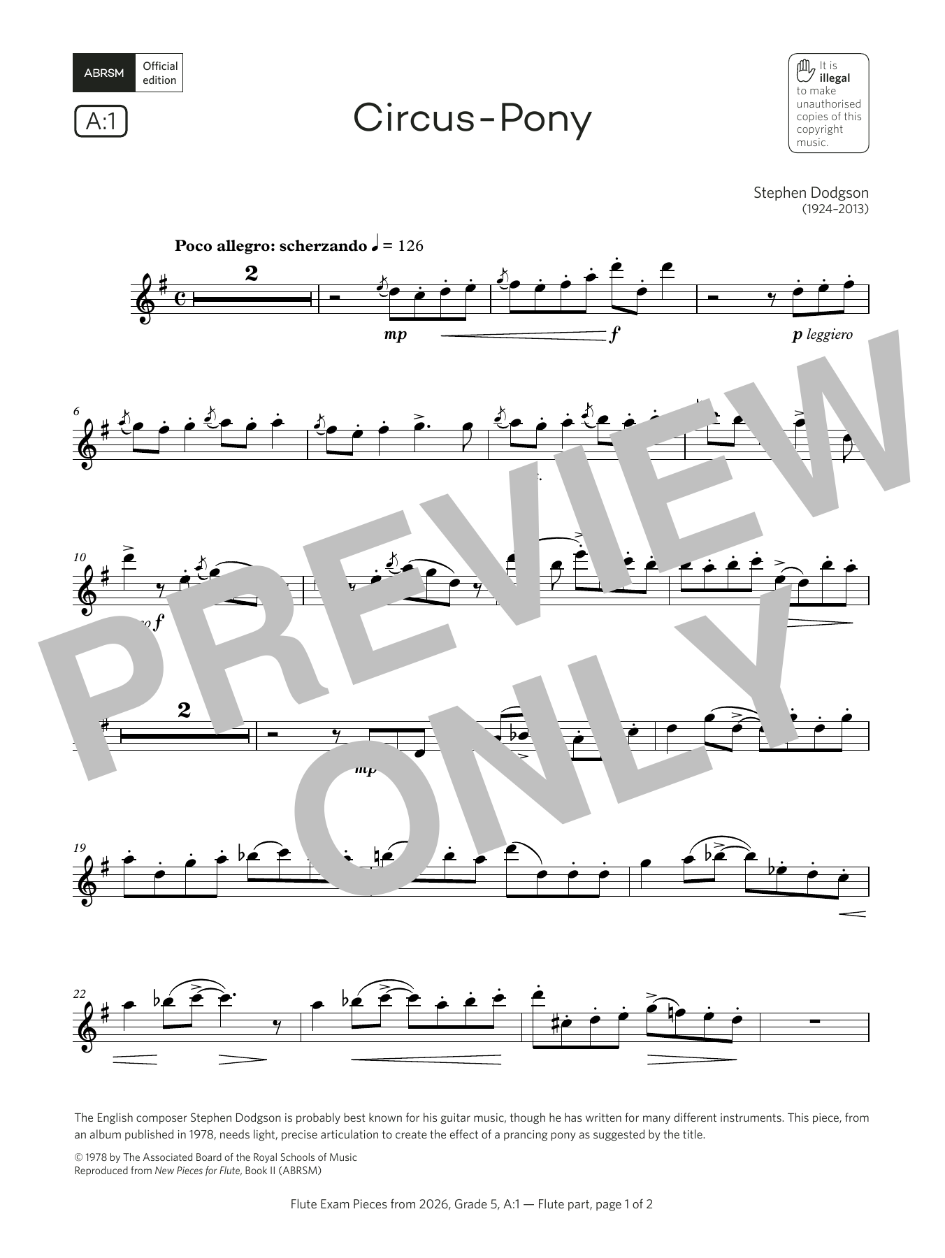 Learn to play Stephen Dodgson Circus-Pony (Grade 5, list A1, from the ABRSM Flute Syllabus from 2026) sheet music for Flute Solo in minutes. Price: 5.9900$ Stephen Dodgson Circus-Pony (Grade 5, list A1, from the ABRSM Flute Syllabus from 2026) sheet music notes and chords arranged for Flute Solo