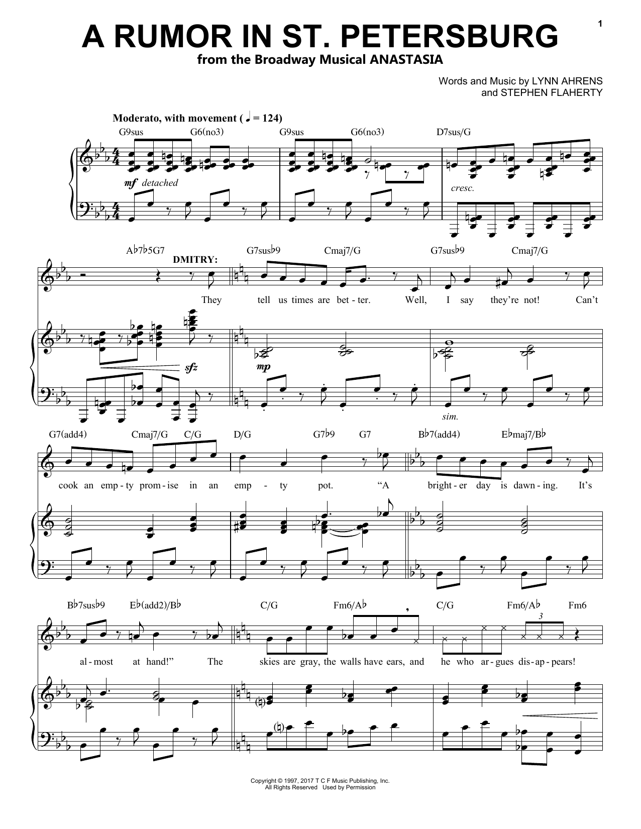 Learn to play Stephen Flaherty A Rumor In St. Petersburg (from Anastasia) sheet music for Piano & Vocal in minutes. Price: 7.8900$ Stephen Flaherty A Rumor In St. Petersburg (from Anastasia) sheet music notes and chords arranged for Piano & Vocal