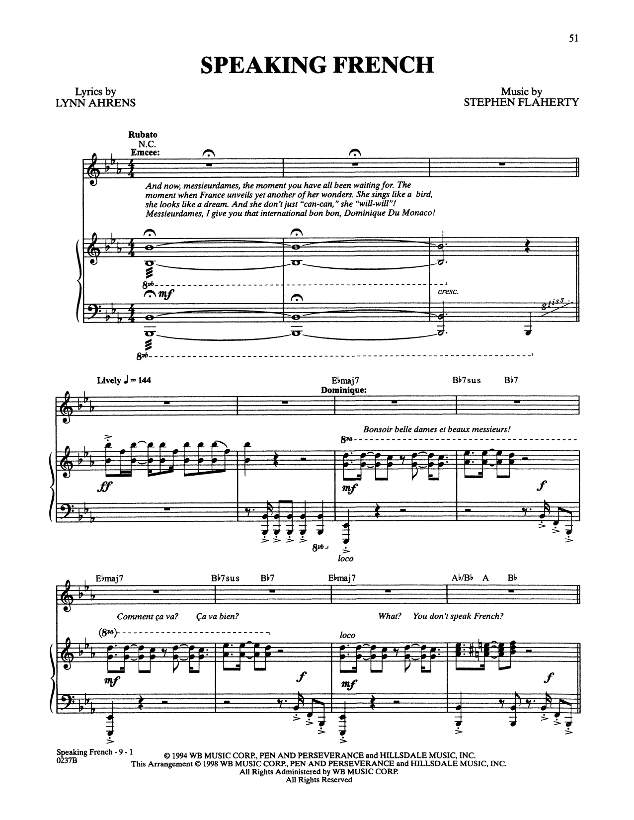 Learn to play Stephen Flaherty and Lynn Ahrens Speaking French (from Lucky Stiff) sheet music for Piano & Vocal in minutes. Price: 7.8900$ Stephen Flaherty and Lynn Ahrens Speaking French (from Lucky Stiff) sheet music notes and chords arranged for Piano & Vocal